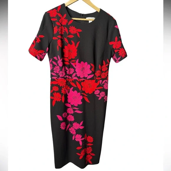 London Times | Black Floral Sheath Dress | Red Pink | Short Sleeve | Size 12 - Picture 3 of 6